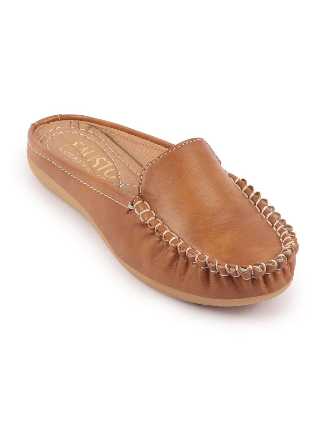 Shop Women Tan Side Stitched Back Open Slip On Mules Shoes Online.