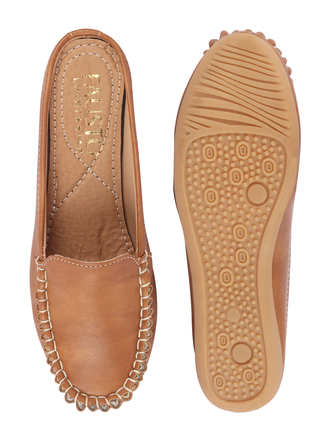 Shop Women Tan Side Stitched Back Open Slip On Mules Shoes Online.