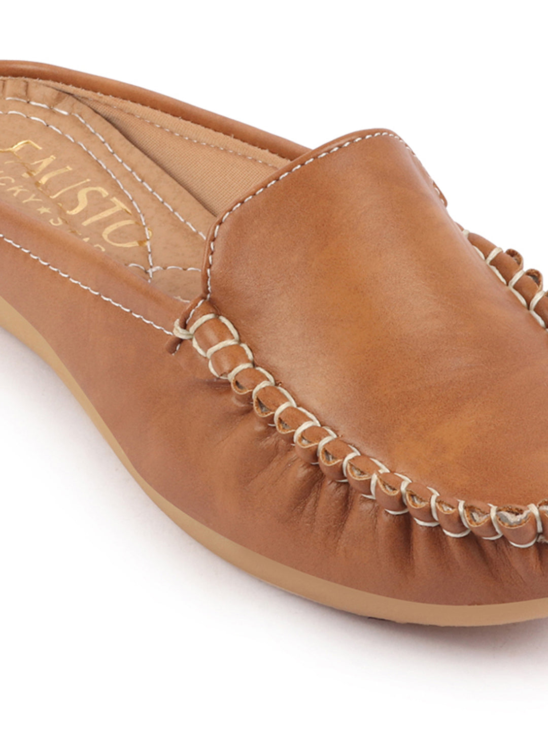 Shop Women Tan Side Stitched Back Open Slip On Mules Shoes Online.