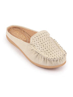 Shop Women Cream Side Stitched Laser Cut Design Back Open Slip On Mules Shoes Online.