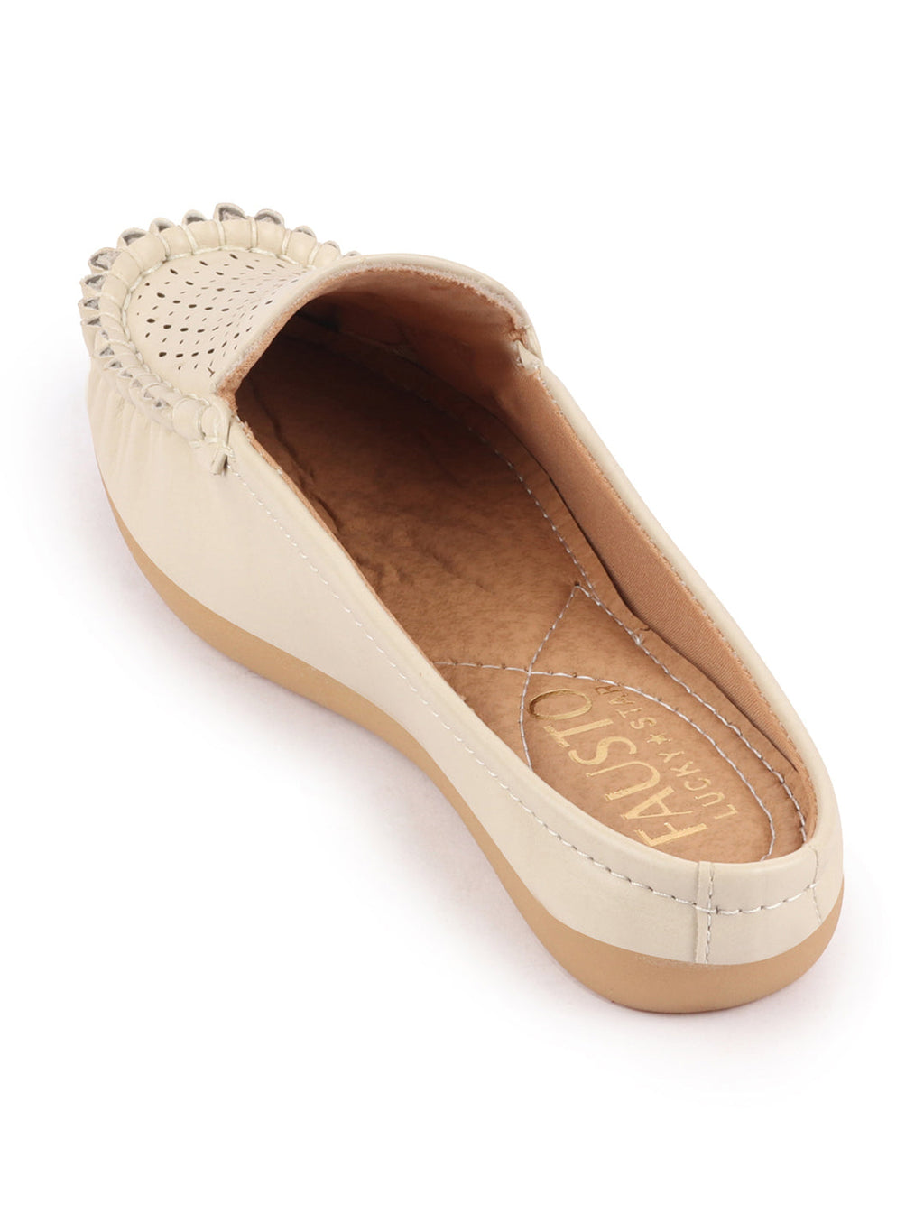 Shop Women Cream Side Stitched Laser Cut Design Back Open Slip On Mules Shoes Online.