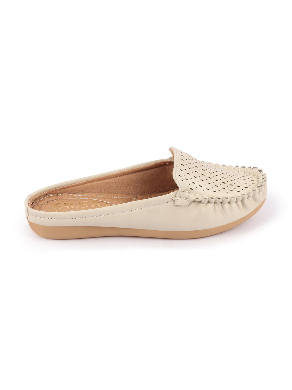 Shop Women Cream Side Stitched Laser Cut Design Back Open Slip On Mules Shoes Online.