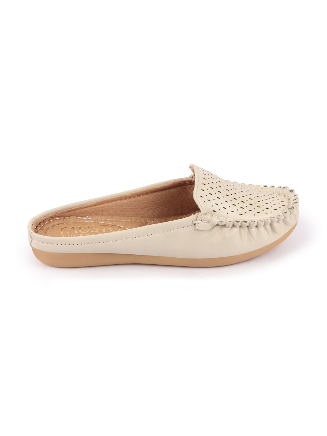 Shop Women Cream Side Stitched Laser Cut Design Back Open Slip On Mules Shoes Online.