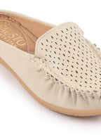 Shop Women Cream Side Stitched Laser Cut Design Back Open Slip On Mules Shoes Online.