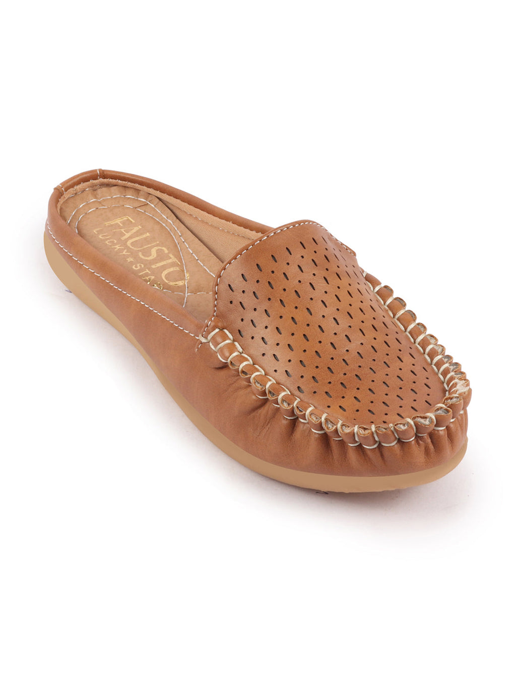 Shop Women Tan Side Stitched Laser Cut Design Back Open Slip On Mules Shoes Online.