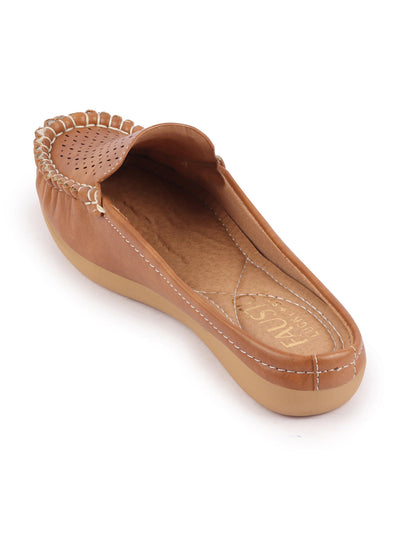 Shop Women Tan Side Stitched Laser Cut Design Back Open Slip On Mules Shoes Online.