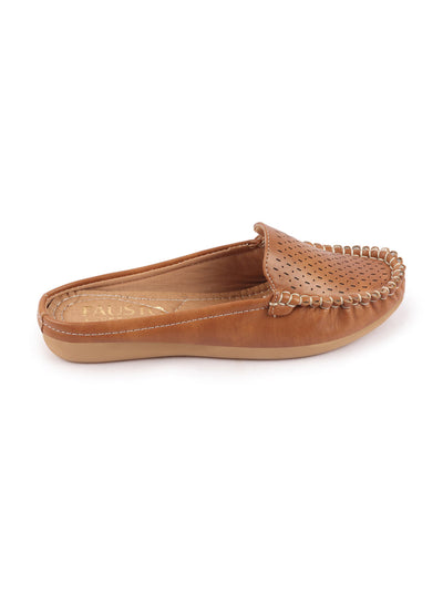 Shop Women Tan Side Stitched Laser Cut Design Back Open Slip On Mules Shoes Online.