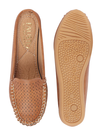 Shop Women Tan Side Stitched Laser Cut Design Back Open Slip On Mules Shoes Online.
