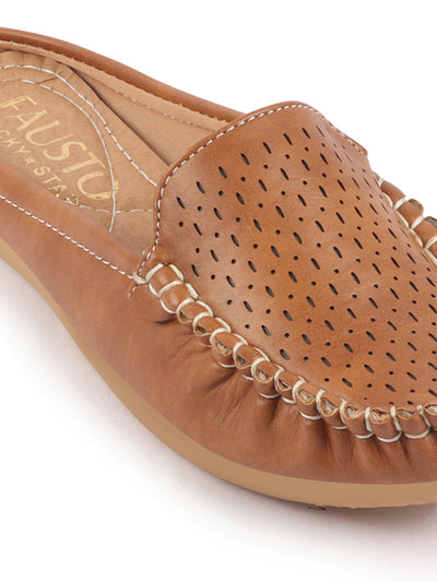 Shop Women Tan Side Stitched Laser Cut Design Back Open Slip On Mules Shoes Online.