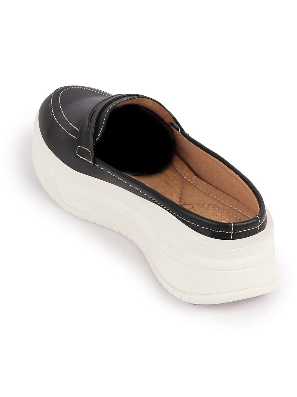 Shop Women Black Outdoor Fashion Stitched Design Strap Open Back Platform Heel Slip On Casual Shoes Online.
