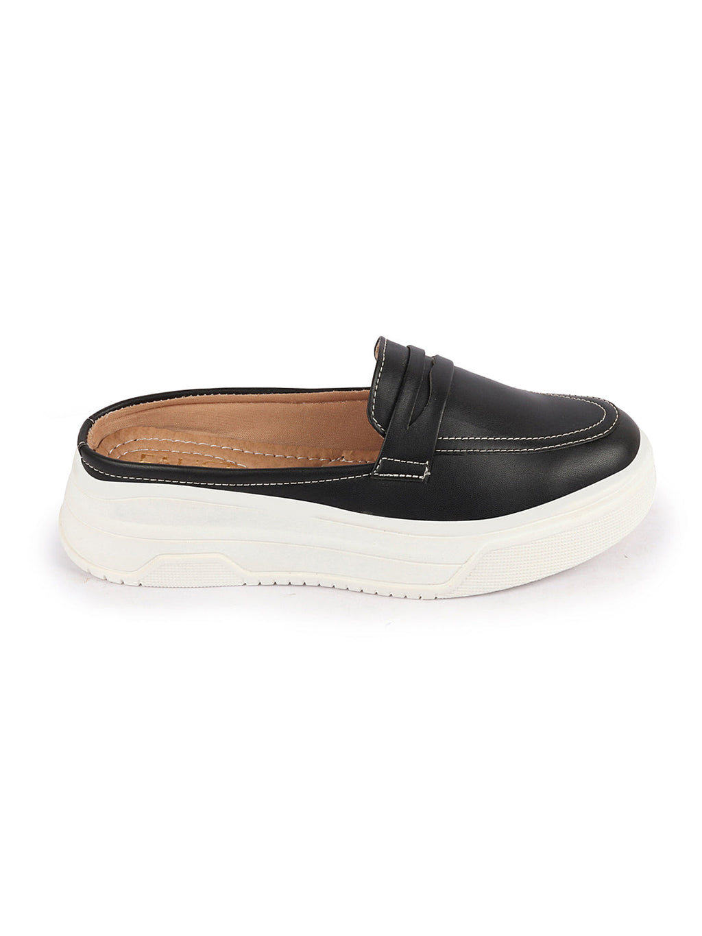Shop Women Black Outdoor Fashion Stitched Design Strap Open Back Platform Heel Slip On Casual Shoes Online.
