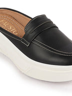 Shop Women Black Outdoor Fashion Stitched Design Strap Open Back Platform Heel Slip On Casual Shoes Online.