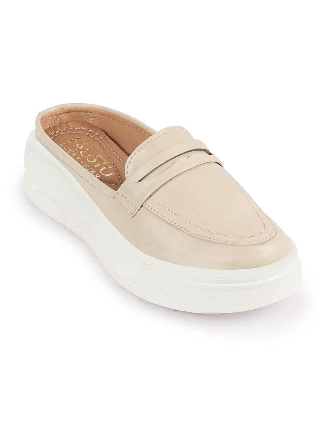 Shop Women Cream Outdoor Fashion Stitched Design Strap Open Back Platform Heel Slip On Casual Shoes Online.
