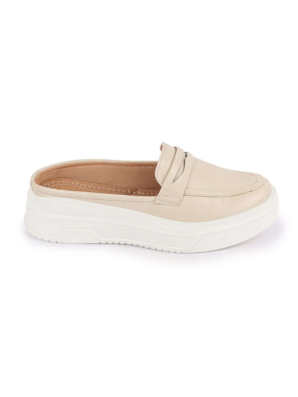 Shop Women Cream Outdoor Fashion Stitched Design Strap Open Back Platform Heel Slip On Casual Shoes Online.
