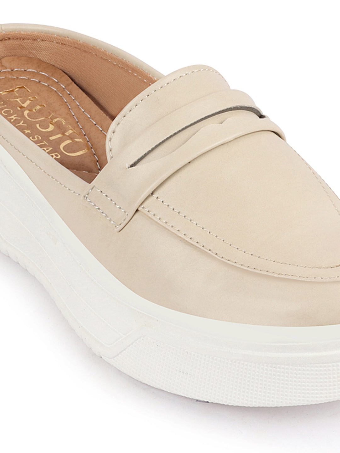 Shop Women Cream Outdoor Fashion Stitched Design Strap Open Back Platform Heel Slip On Casual Shoes Online.