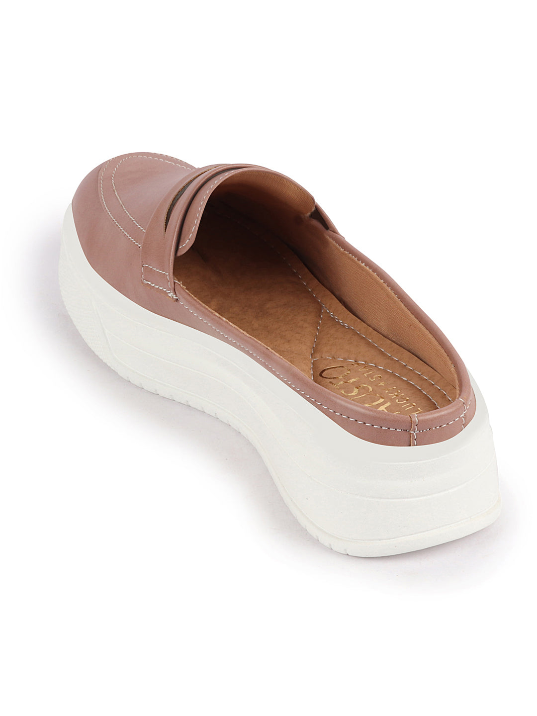 Shop Women Peach Outdoor Fashion Stitched Design Strap Open Back Platform Heel Slip On Casual Shoes Online.
