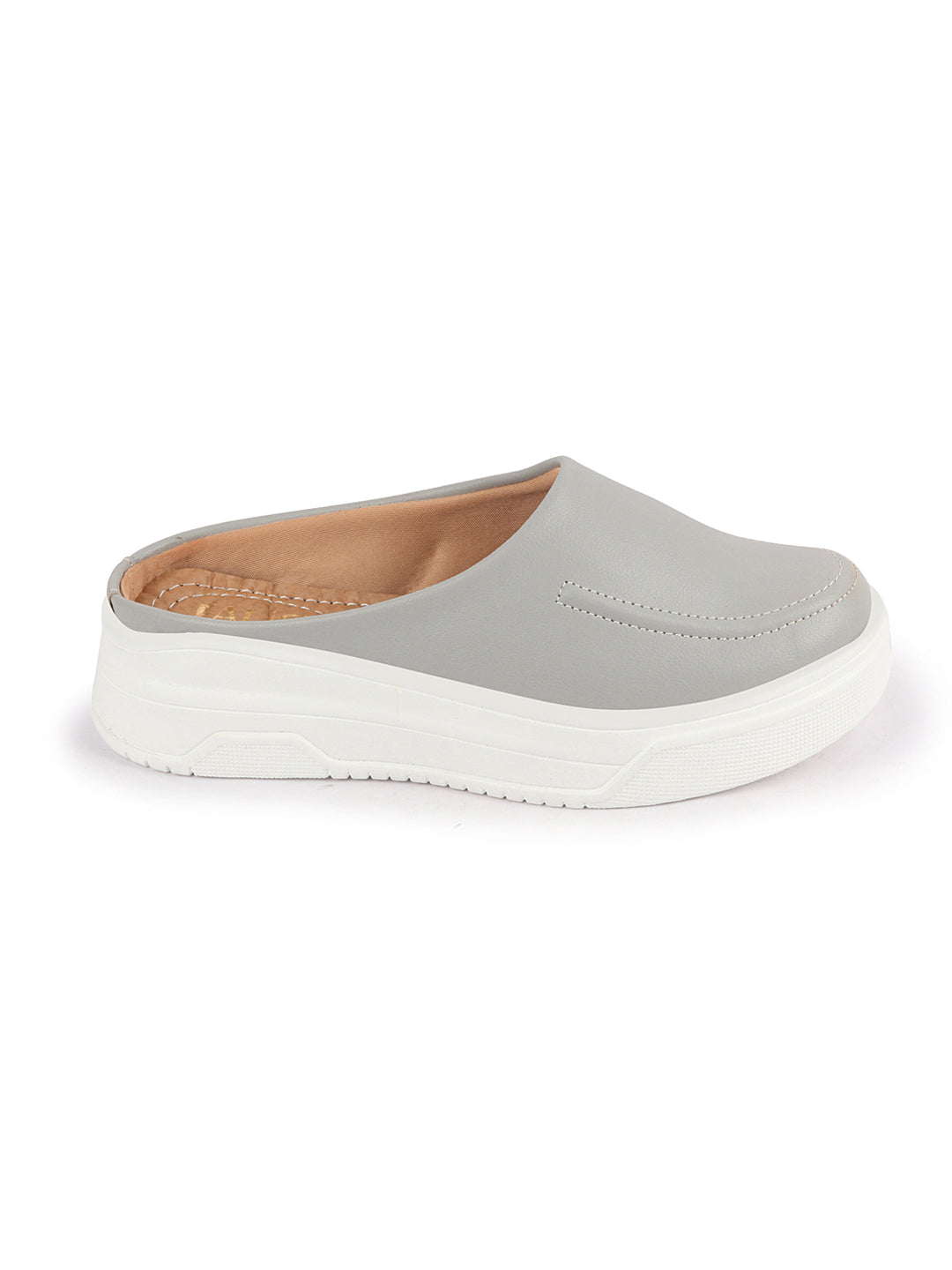 Shop Women Grey Outdoor Fashion Stitched Design Open Back Platform Heel Slip On Casual Shoes Online.