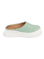Shop Women Pista Green Outdoor Fashion Stitched Design Open Back Platform Heel Slip On Casual Shoes Online.