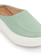 Shop Women Pista Green Outdoor Fashion Stitched Design Open Back Platform Heel Slip On Casual Shoes Online.