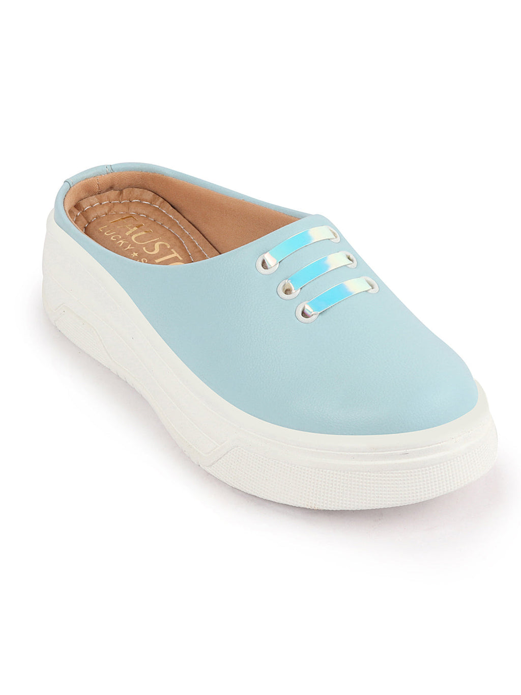 Shop Women Sky Blue Outdoor Fashion Comfort Lace Design Open Back Platform Heel Slip On Casual Shoes Online.
