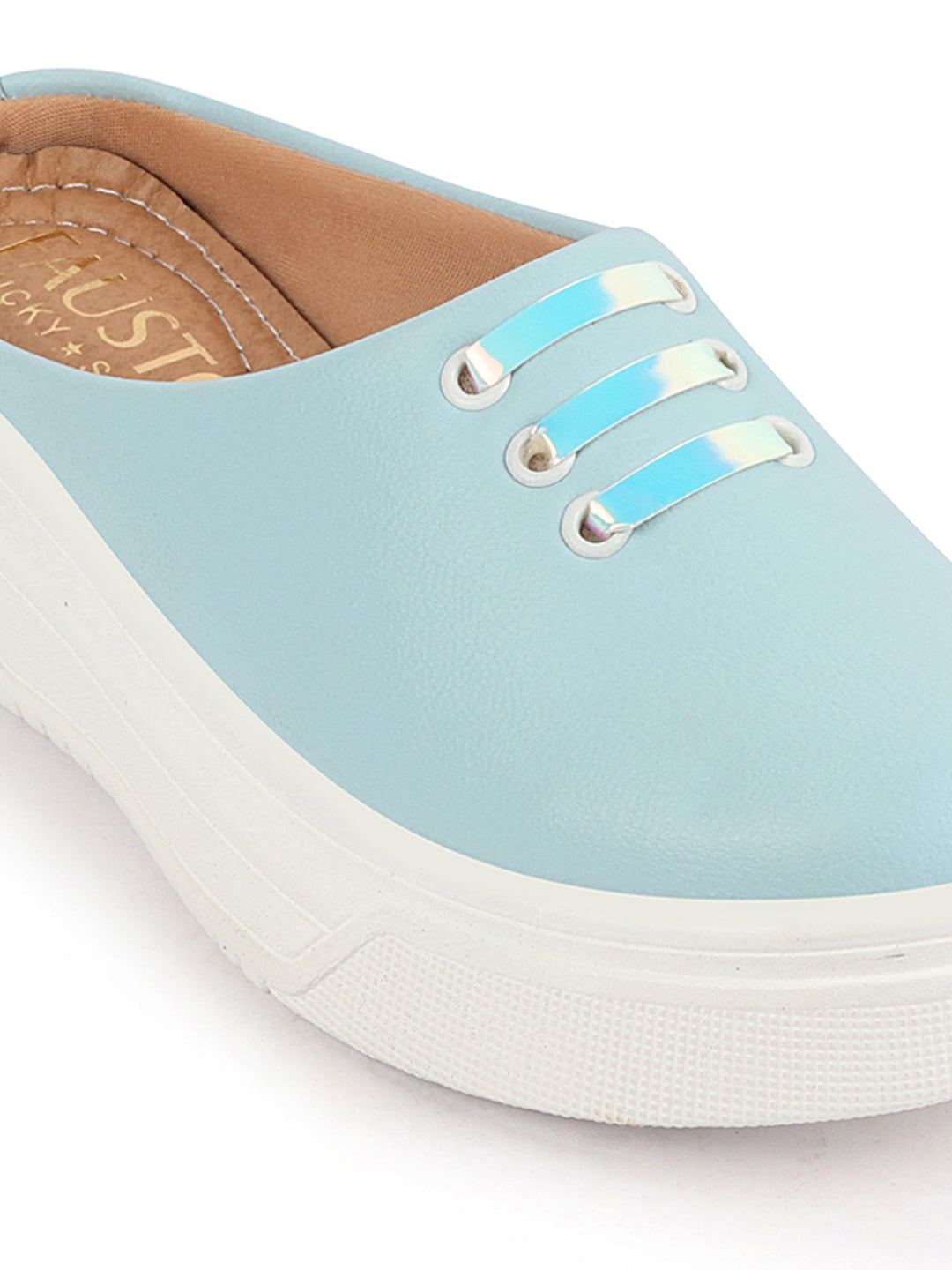 Shop Women Sky Blue Outdoor Fashion Comfort Lace Design Open Back Platform Heel Slip On Casual Shoes Online.