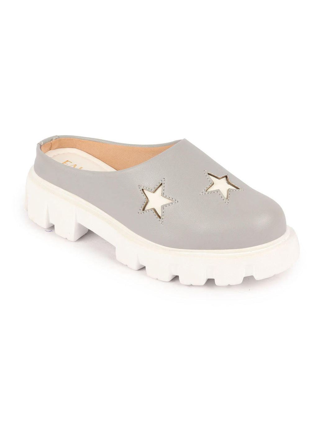 Shop Women Grey Laser Cut Star Open Back Height Enhancer Slip On Casual Shoes Online.