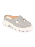 Shop Women Grey Laser Cut Star Open Back Height Enhancer Slip On Casual Shoes Online.