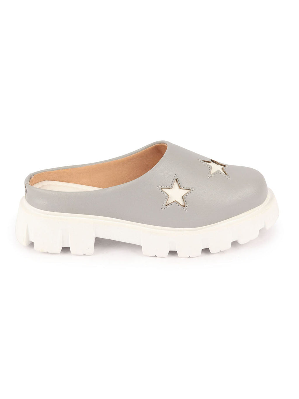 Shop Women Grey Laser Cut Star Open Back Height Enhancer Slip On Casual Shoes Online.