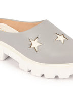 Shop Women Grey Laser Cut Star Open Back Height Enhancer Slip On Casual Shoes Online.
