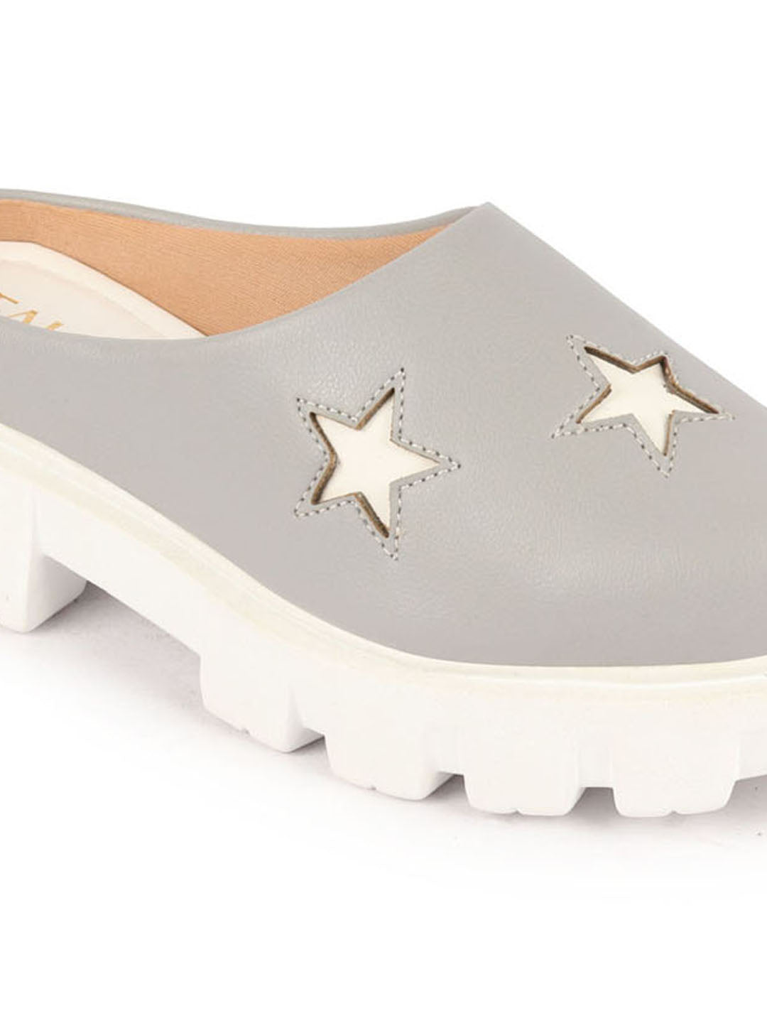 Shop Women Grey Laser Cut Star Open Back Height Enhancer Slip On Casual Shoes Online.