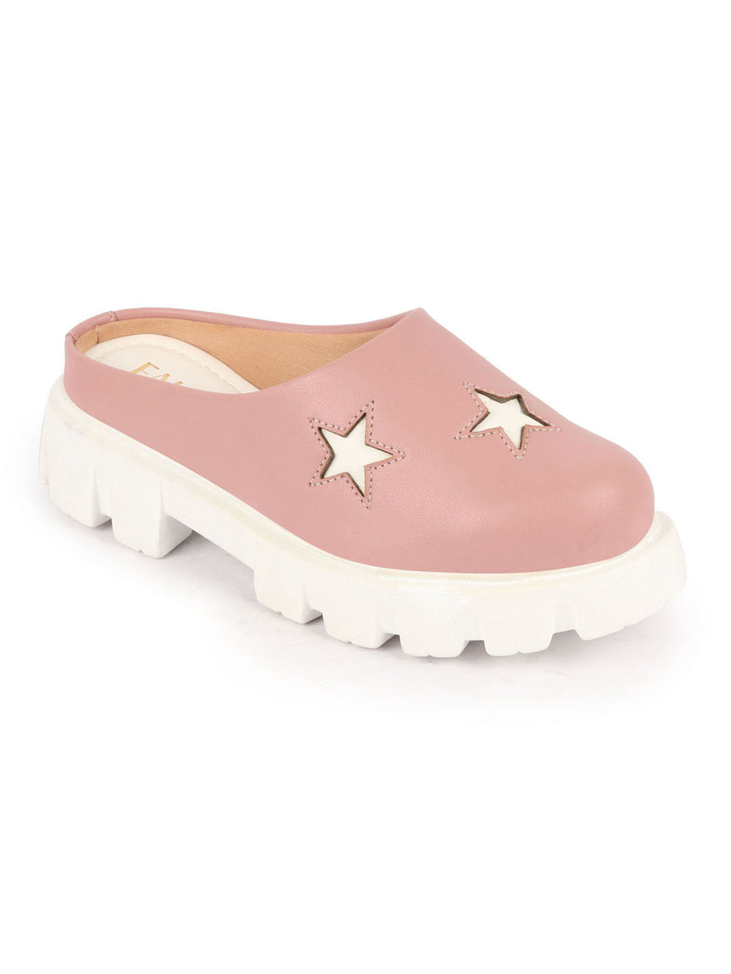 Shop Women Peach Laser Cut Star Open Back Height Enhancer Slip On Casual Shoes Online.
