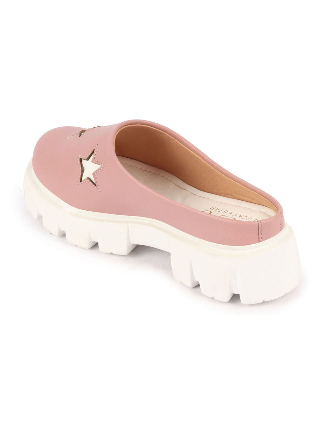 Shop Women Peach Laser Cut Star Open Back Height Enhancer Slip On Casual Shoes Online.