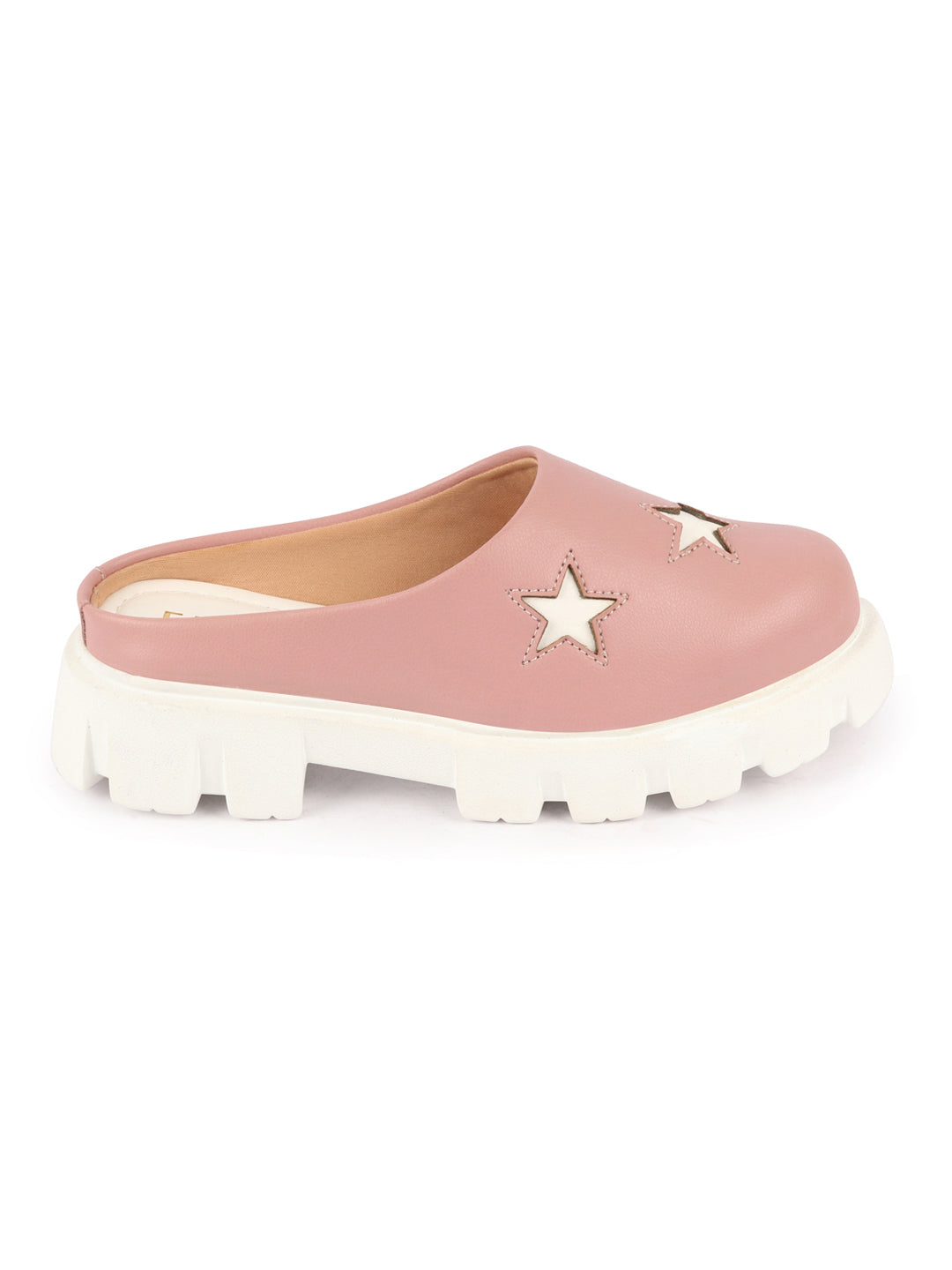 Shop Women Peach Laser Cut Star Open Back Height Enhancer Slip On Casual Shoes Online.