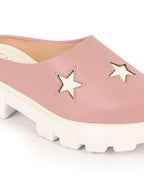 Shop Women Peach Laser Cut Star Open Back Height Enhancer Slip On Casual Shoes Online.
