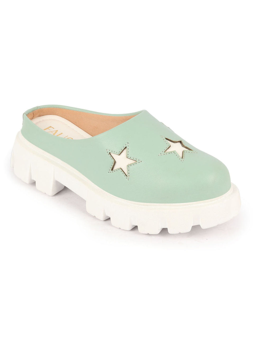 Shop Women Pista Green Laser Cut Star Open Back Height Enhancer Slip On Casual Shoes Online.