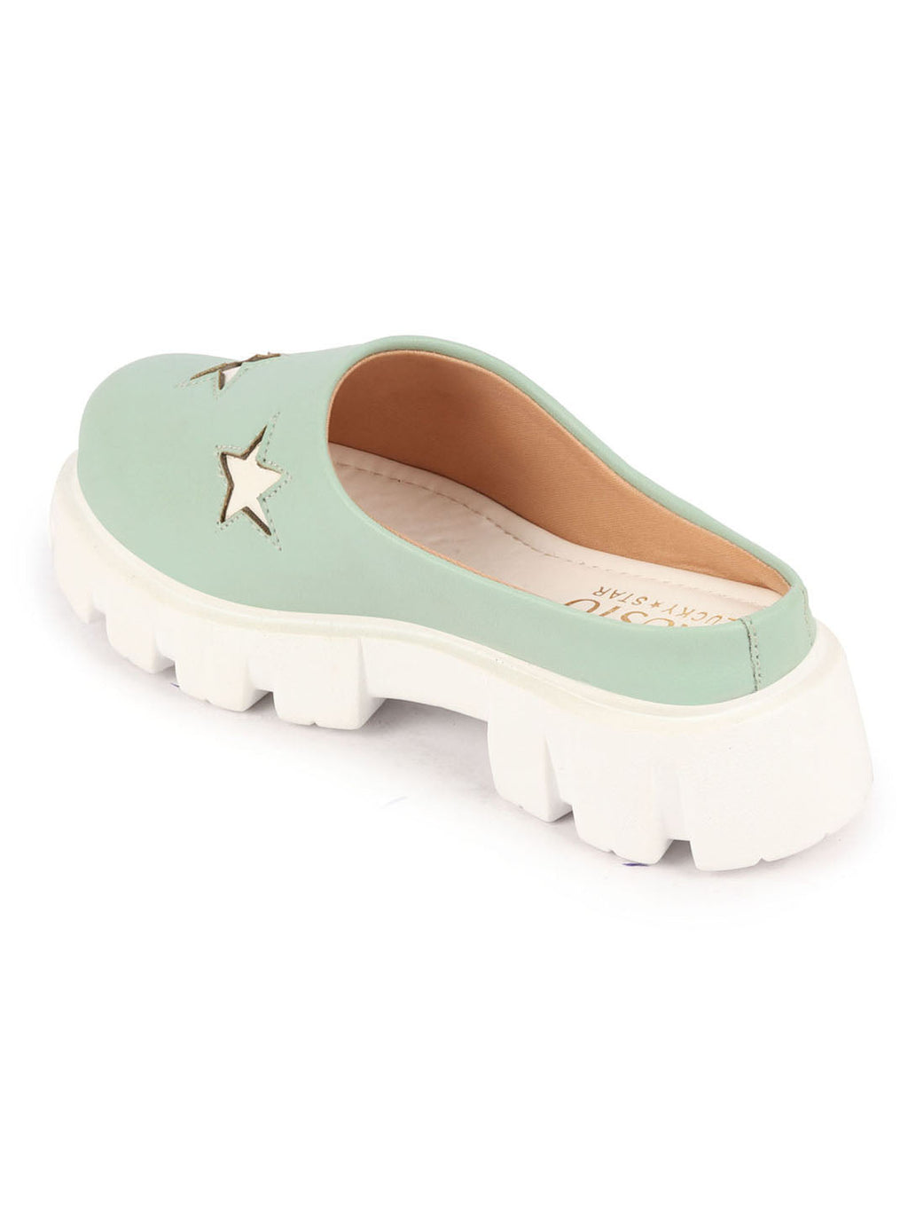 Shop Women Pista Green Laser Cut Star Open Back Height Enhancer Slip On Casual Shoes Online.