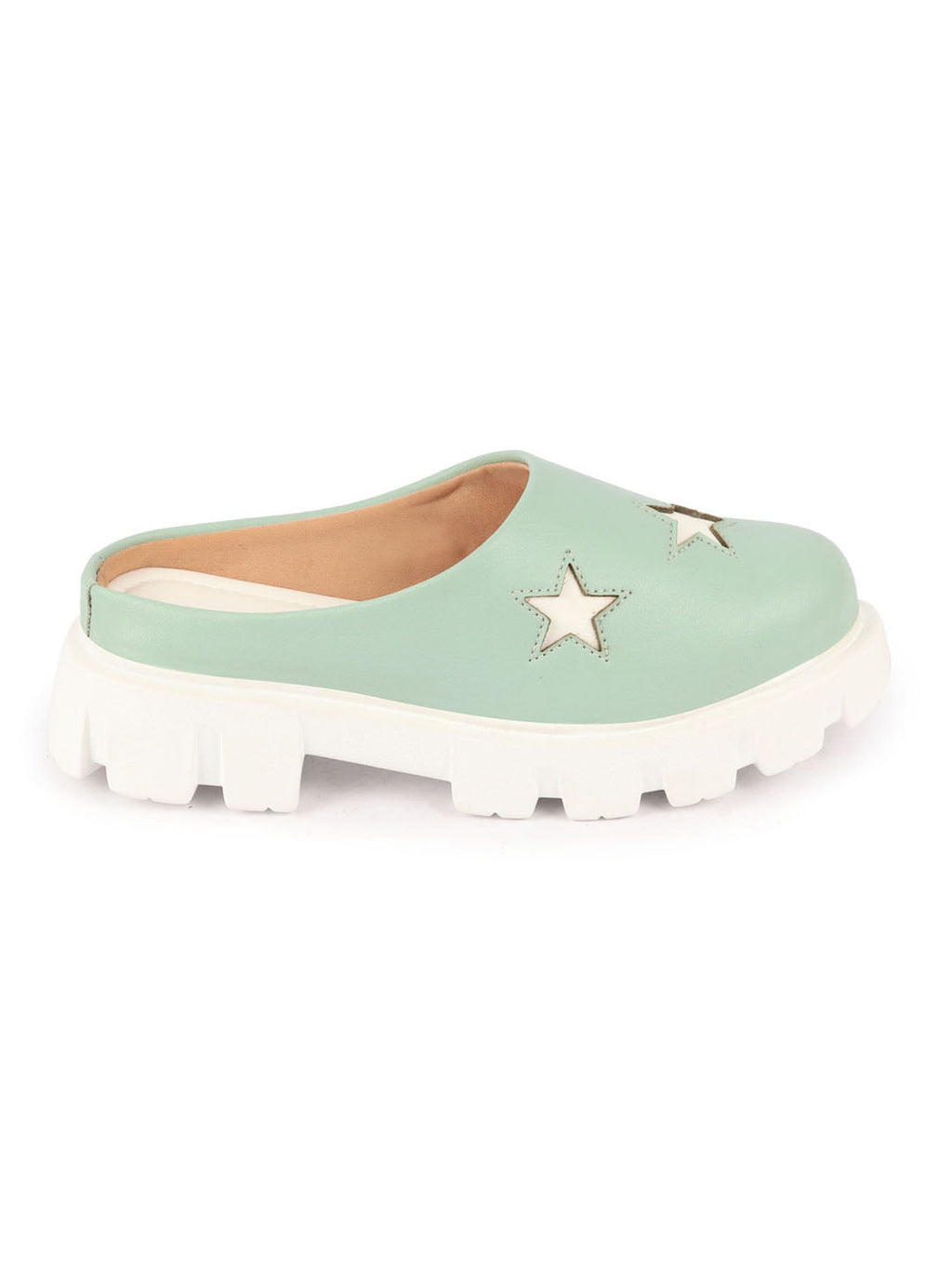 Shop Women Pista Green Laser Cut Star Open Back Height Enhancer Slip On Casual Shoes Online.