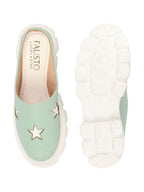 Shop Women Pista Green Laser Cut Star Open Back Height Enhancer Slip On Casual Shoes Online.