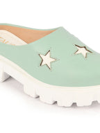Shop Women Pista Green Laser Cut Star Open Back Height Enhancer Slip On Casual Shoes Online.