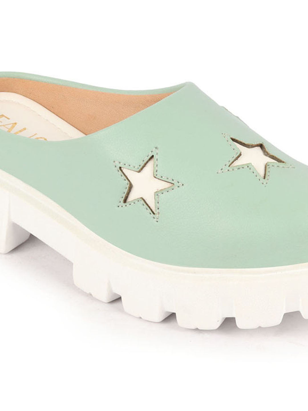 Shop Women Pista Green Laser Cut Star Open Back Height Enhancer Slip On Casual Shoes Online.