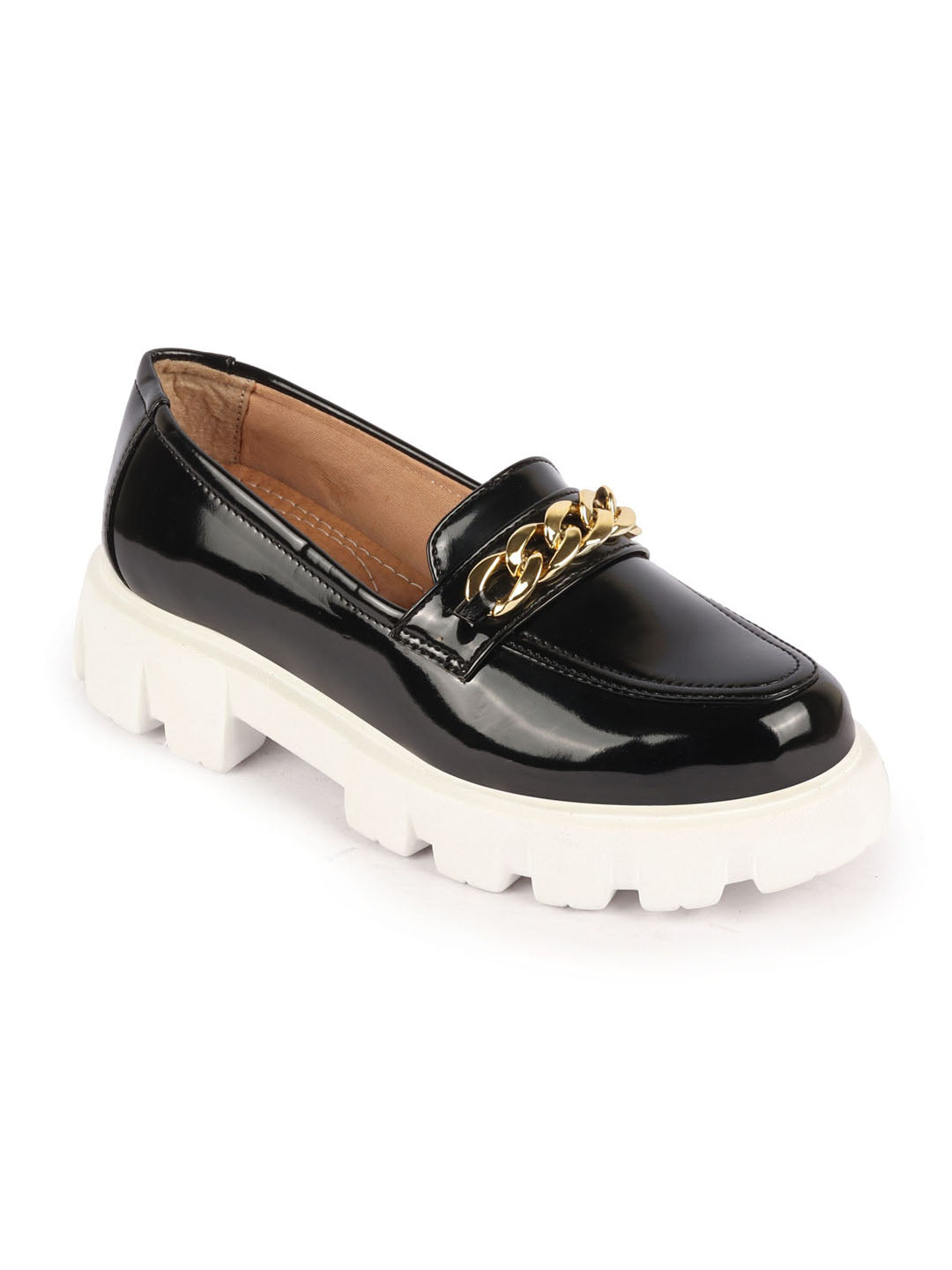 Shop Women Black Patent Leather Shiny Chain Buckle Classic Casual Slip On Loafer Shoes Online.