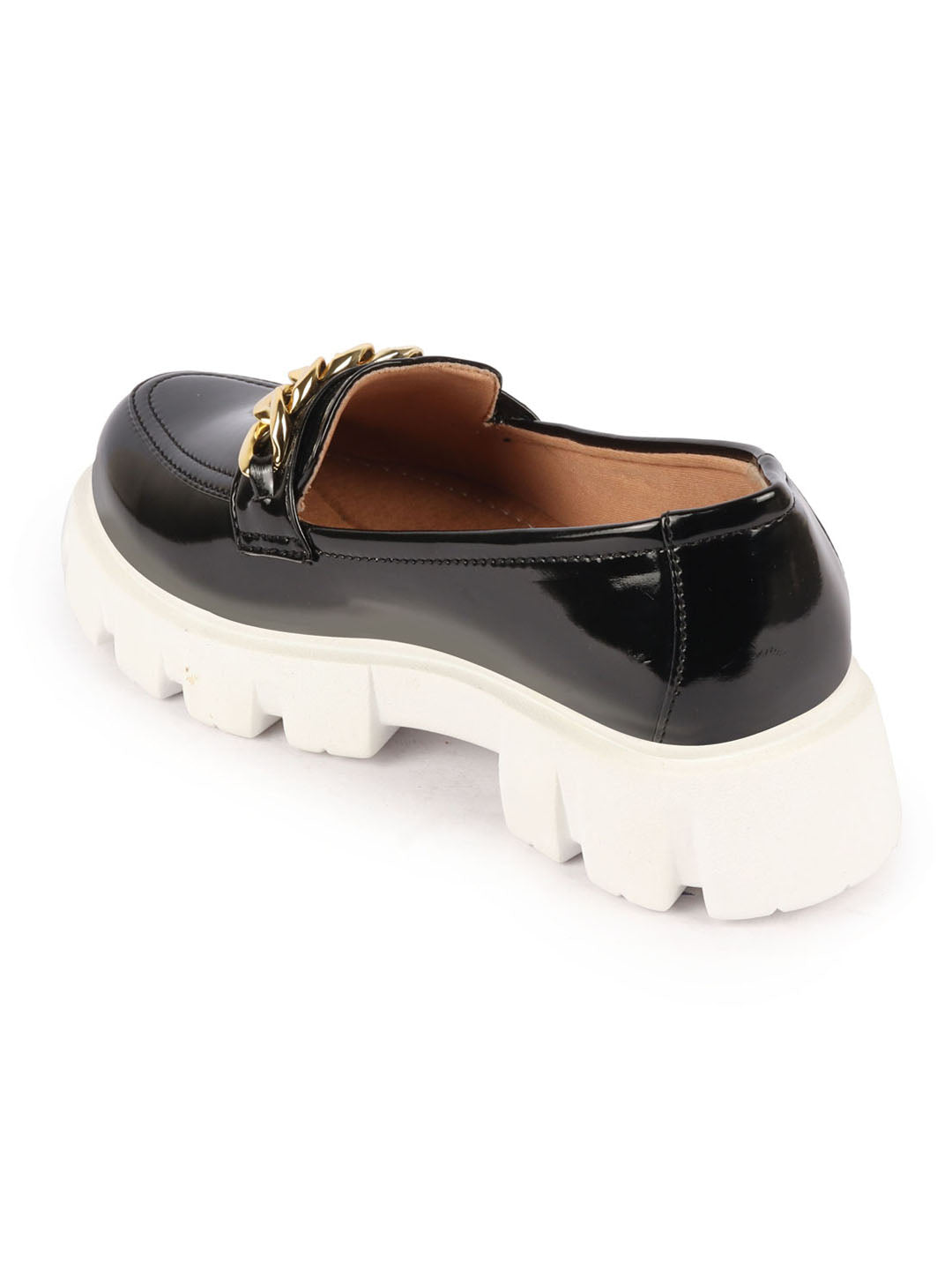 Shop Women Black Patent Leather Shiny Chain Buckle Classic Casual Slip On Loafer Shoes Online.