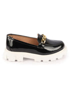 Shop Women Black Patent Leather Shiny Chain Buckle Classic Casual Slip On Loafer Shoes Online.