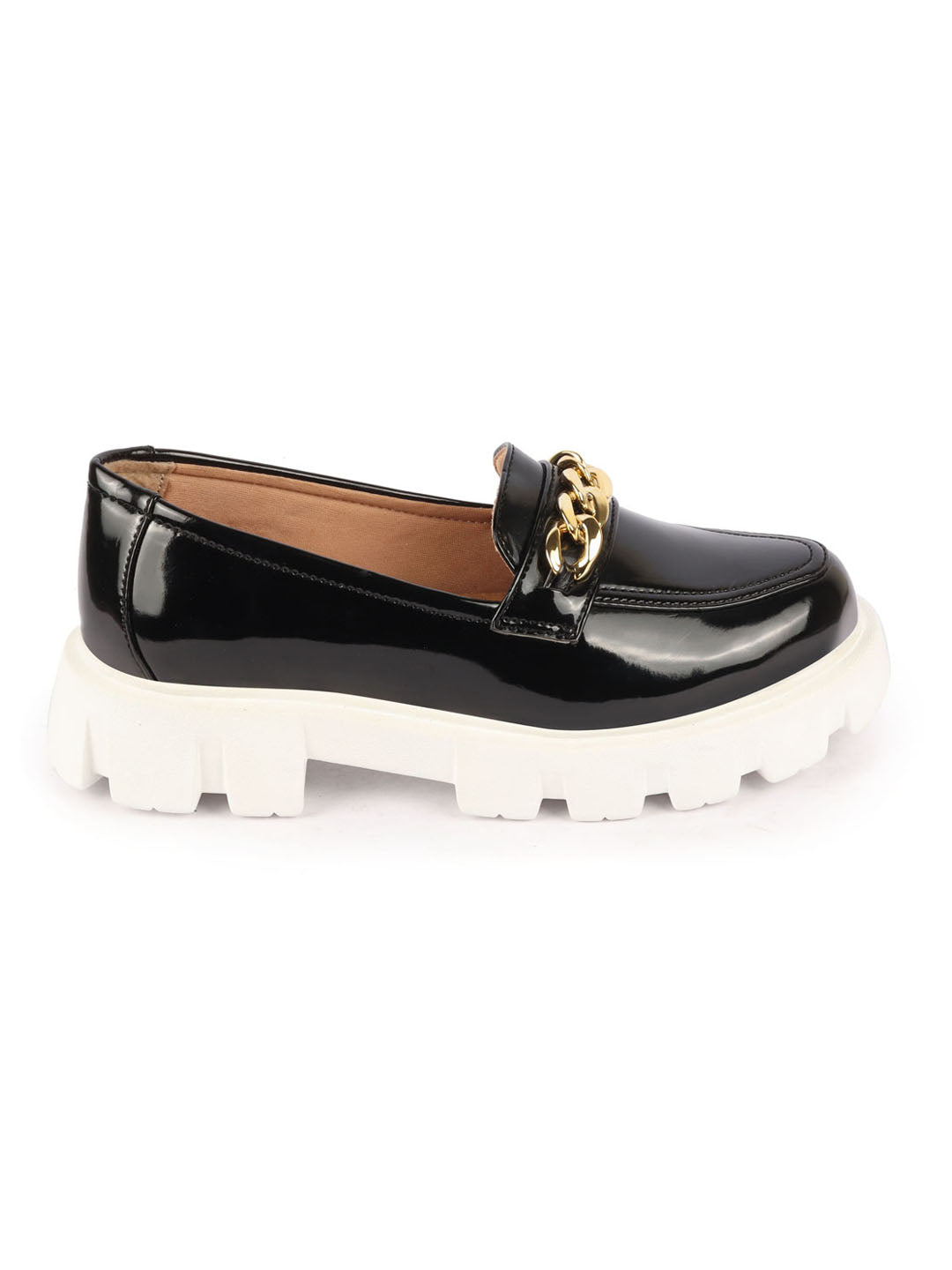 Shop Women Black Patent Leather Shiny Chain Buckle Classic Casual Slip On Loafer Shoes Online.
