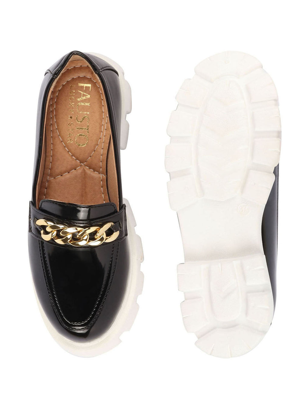 Shop Women Black Patent Leather Shiny Chain Buckle Classic Casual Slip On Loafer Shoes Online.