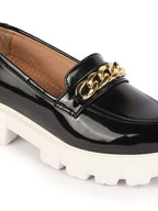 Shop Women Black Patent Leather Shiny Chain Buckle Classic Casual Slip On Loafer Shoes Online.