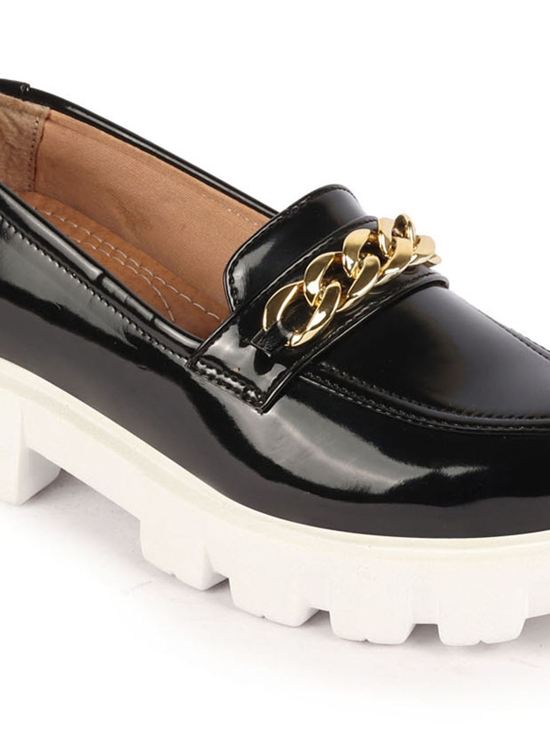 Shop Women Black Patent Leather Shiny Chain Buckle Classic Casual Slip On Loafer Shoes Online.