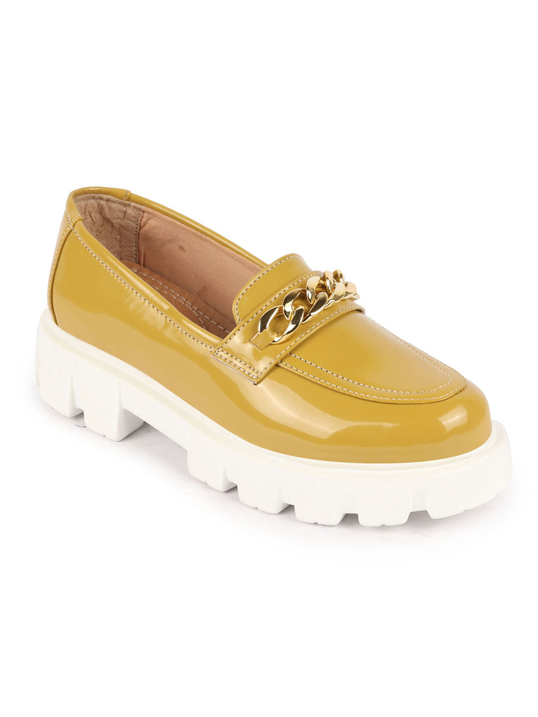 Shop Women Mustard Patent Leather Shiny Chain Buckle Classic Casual Slip On Loafer Shoes Online.