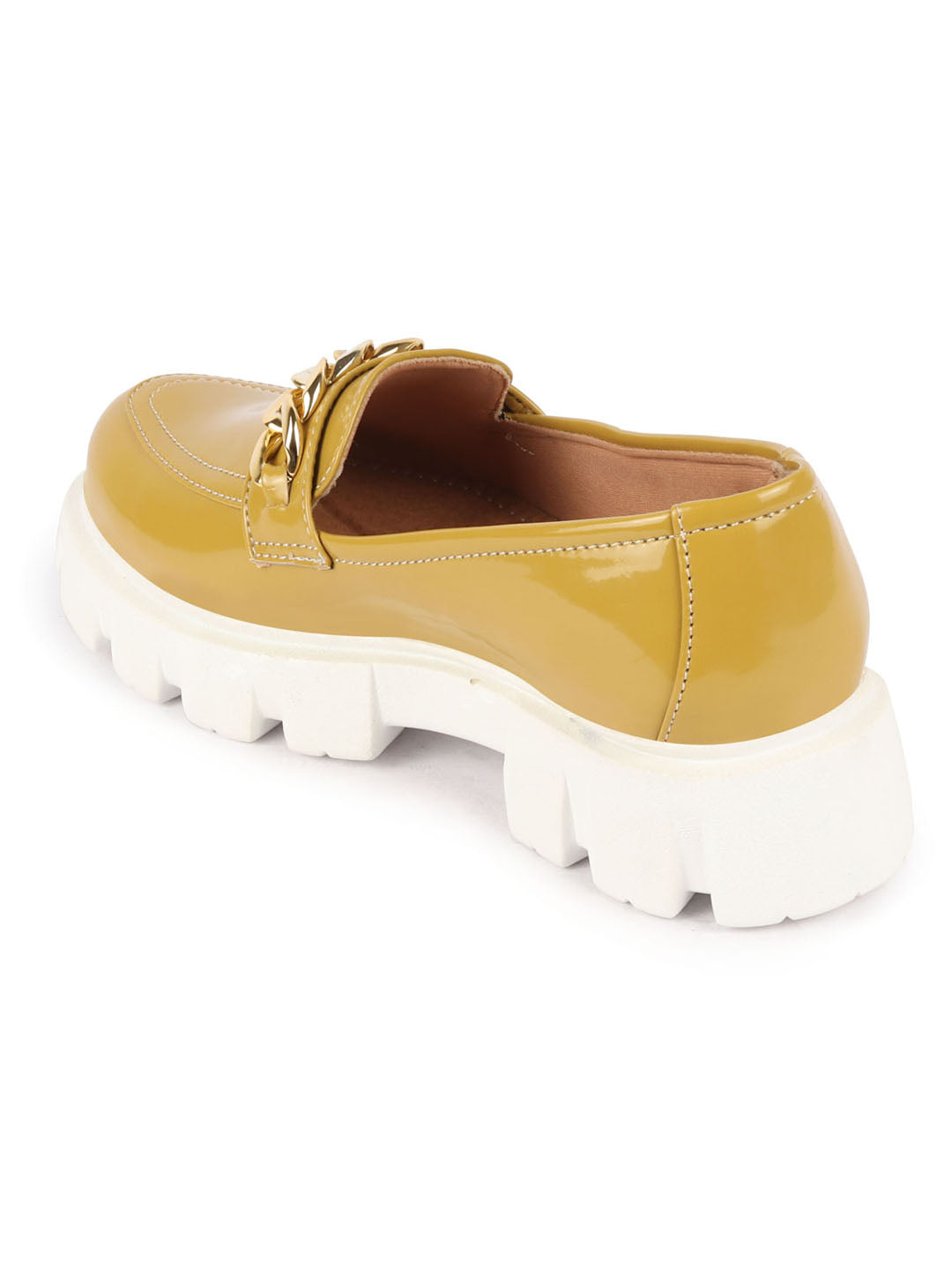 Shop Women Mustard Patent Leather Shiny Chain Buckle Classic Casual Slip On Loafer Shoes Online.