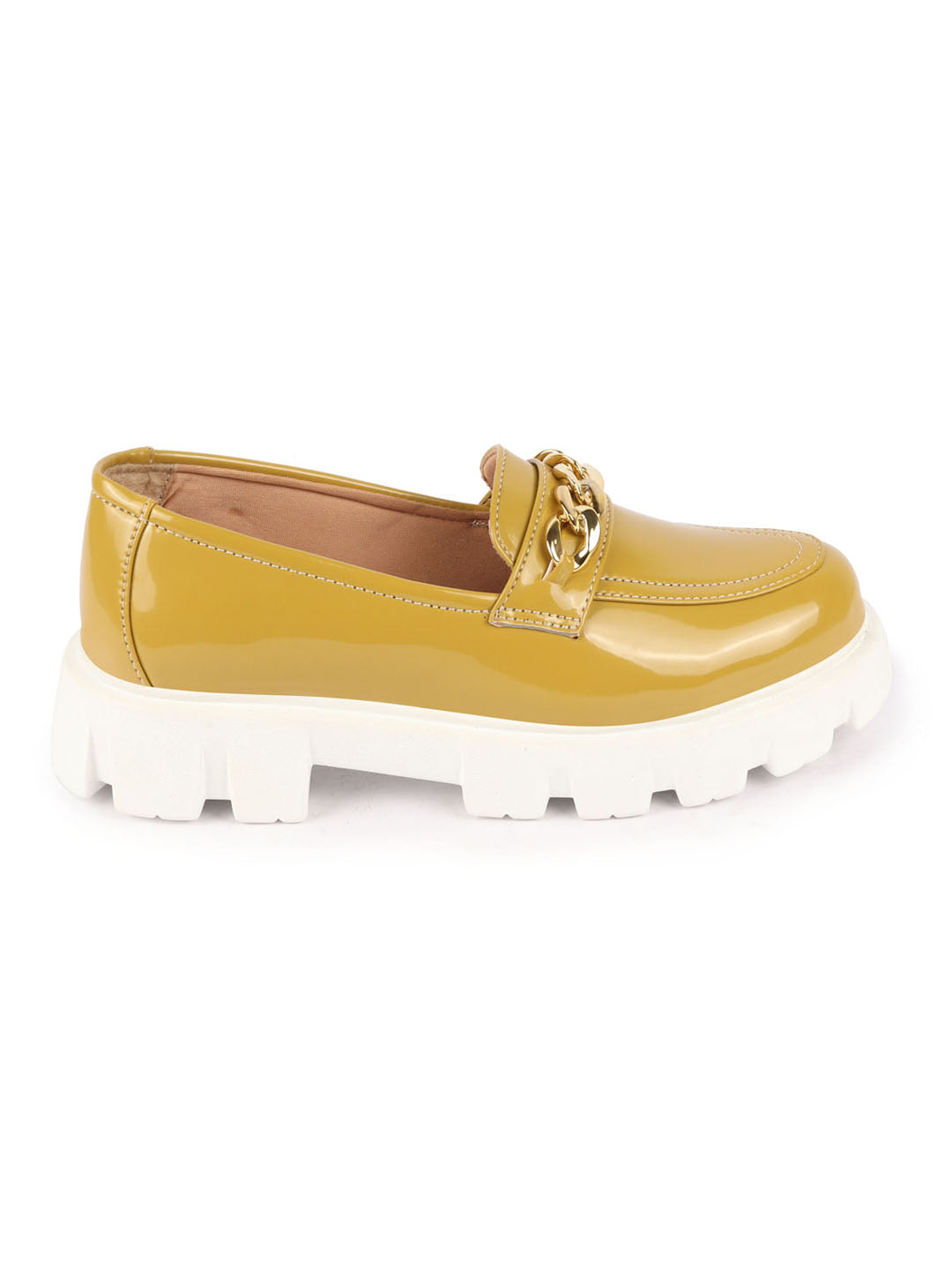 Shop Women Mustard Patent Leather Shiny Chain Buckle Classic Casual Slip On Loafer Shoes Online.